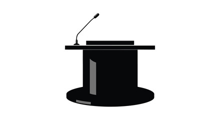 A simple black podium stands prominently on a white background featuring a microphone in silhouette high quality professional © Jahid