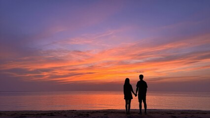 Fototapeta premium Romantic Silhouette Couple at Sunset over Calm Ocean Wide Screen