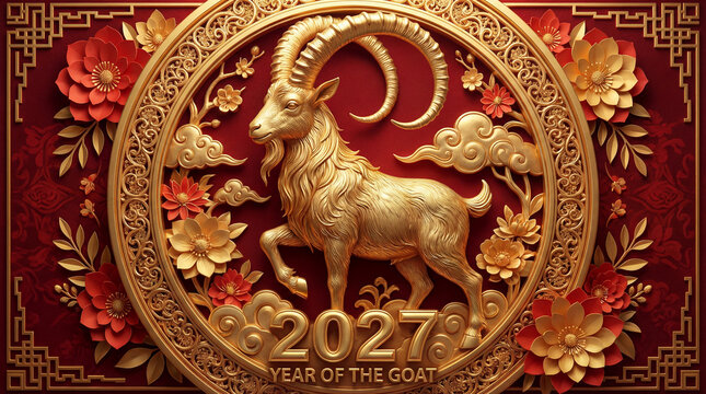 Wealth and prosperity concept for 2027 Year of the Goat with gold Chinese Elements 