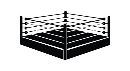 A stark black silhouette depicts a professional wrestling ring showcasing ropes and corner posts silhouette high quality detailed © Jahid