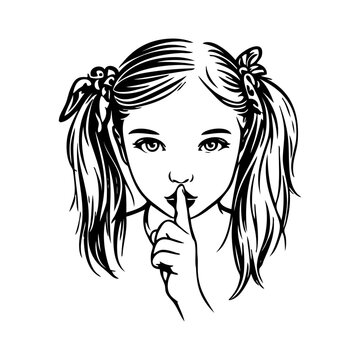 Dibujo sencillo con l&iacute;neas de una ni&ntilde;a peinada con coletas, haciendo un gesto de silencio con el dedo en los labios mirando de frente 