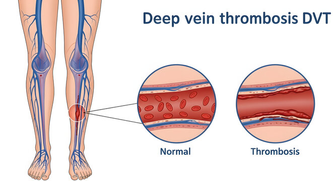 Deep vein thrombosis medical illustration showing blood clot in leg