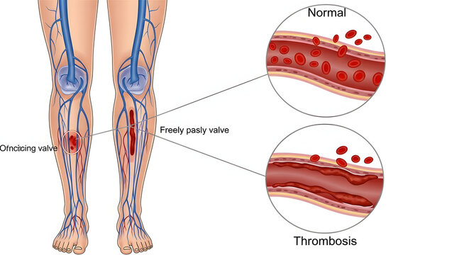 Deep vein thrombosis medical illustration showing blood clot in leg