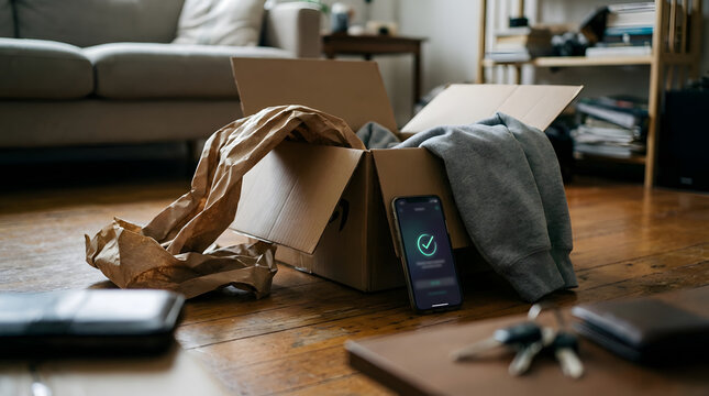 An open cardboard box on a wooden floor contains crumpled paper and gray clothing, with a smartphone displaying a green checkmark next to it, signifying delivery.