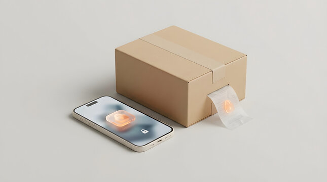 Smart phone displaying locked icon next to cardboard shipping box with outputting packing slip, package delivery concept and digital security.