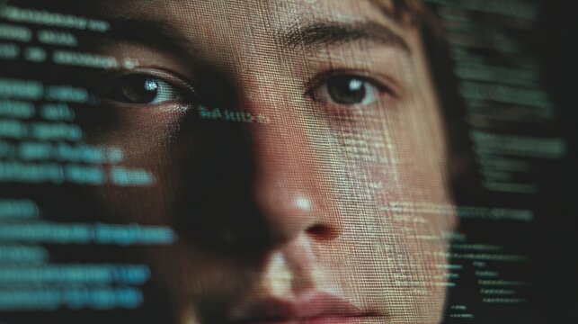 A close-up portrait of a person with code overlay on their face