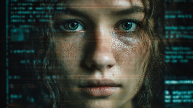 A close-up portrait of a woman with tears on her face and code in the background
