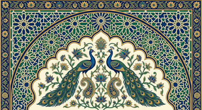 An ornate symmetrical islamic archway featuring peacocks and floral designs rich in detail on transparent background high quality professional detailed modern