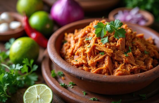 Shredded chicken tinga Puebla in clay bowl with lime, chili, cilantro garnish. Mexican comfort food preparation with fresh ingredients and spices for healthy meal.