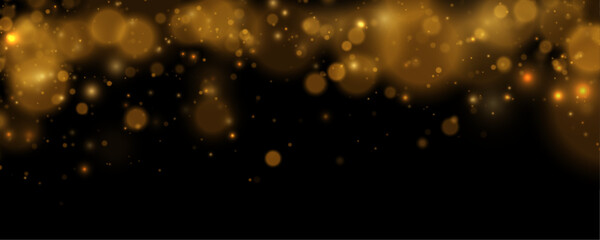 Soft golden dust floats over glowing bokeh lights. Tiny particles shimmer like magic snow in warm air. Elegant festive overlay for design use. © Extrastock