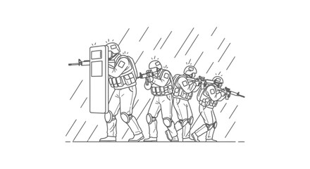 Obraz premium Special forces team in formation during a downpour, tactical operation, rain, military, police, SWAT