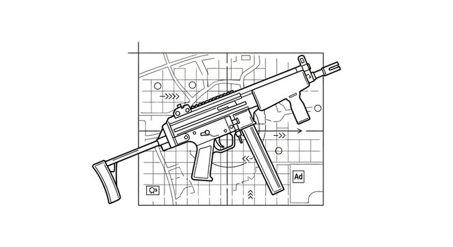 Submachine Gun Blueprint with Tactical Map Overlay