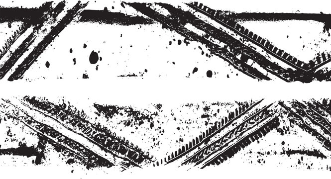 Black tire tracks and grunge texture patterns on white background