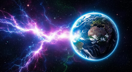 Obraz premium A stunning digital illustration of Earth enveloped by cosmic energy, vibrant purple lightning, and a starry universe backdrop.