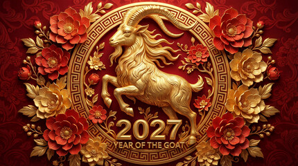 Obraz premium Prosperity and luck symbol 2027 Year of the Goat with golden Chinese Elements 