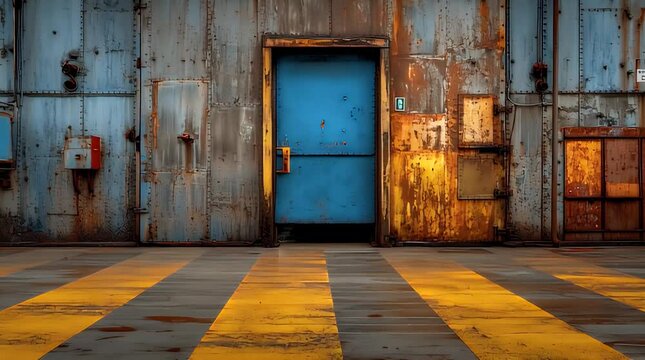 A weathered industrial space features a doorway emitting light and smoke. The interior boasts peeling paint, metal panels, and a yellow-striped floor