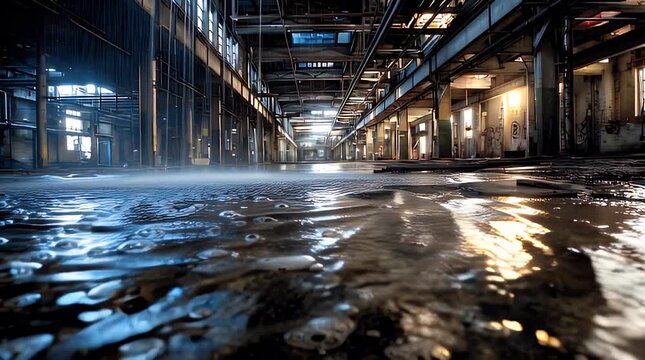 An abandoned factory interior filled with water, reflecting the industrial structure and available light through windows. A moody, evocative atmosphere