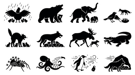 Obraz premium Collection of animal silhouettes representing parental care and protective instincts in nature for educational biology and wildlife conservation materials