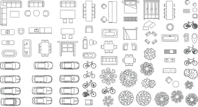 Comprehensive collection of top-down architectural floor plan symbols featuring furniture, vehicles, and plants in a clean outline style