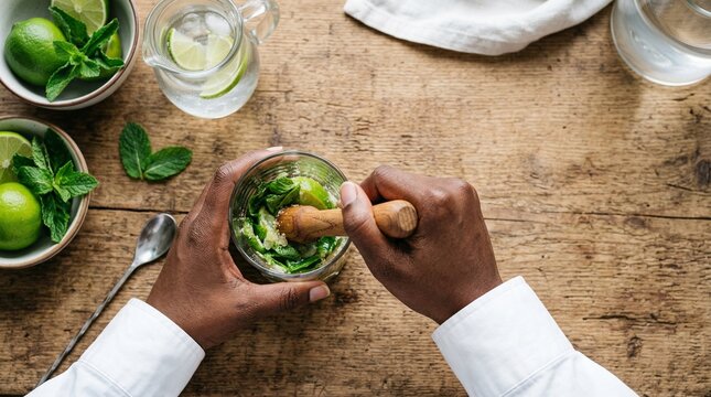 African American hands muddling fresh mint and lime for a cocktail on a wooden table