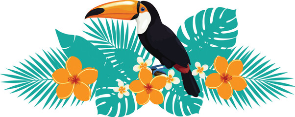 Obraz premium Toucan bird perched on tropical leaves and flowers