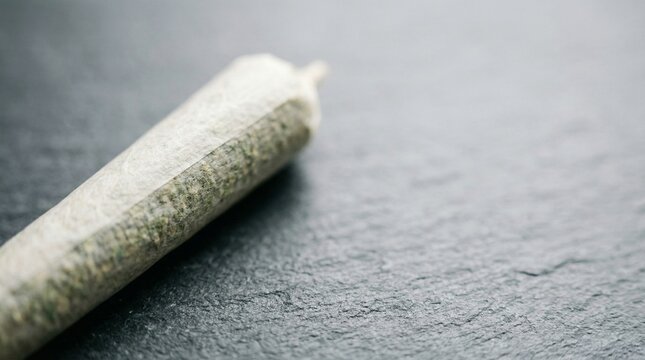 Marijuana pre-roll joint lying on a dark textured slate surface with copy space.