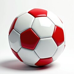 Fototapeta premium Red and white soccer ball sits on clean white surface. Classic football sphere with stitched panels ready for game. Simple object for sports.