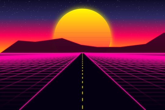 Synthwave Orange Sunset Highway, Retro 80s Neon Grid Road, Glowing Sun Horizon, Outrun Cyberpunk Landscape, Vintage Sci-Fi Digital Art, Futuristic Night Journey