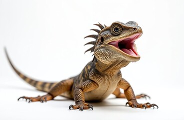 Obraz premium Frilled lizard with open mouth, spiky crest, displaying skin texture, coloring. Small reptile sits on white background, showing detailed body, sharp claws. Creature looks intimidating yet intriguing.