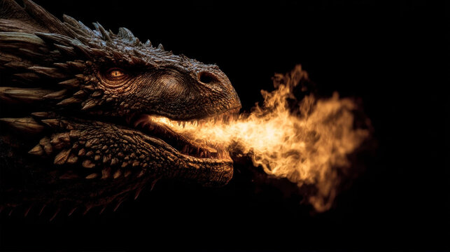 Fire breathing dragon head close up with glowing orange eyes and sharp teeth, ferocious fantasy creature beast breathing flames against a dark black background