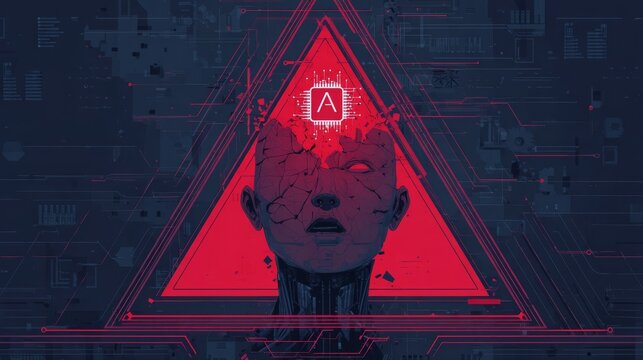 A futuristic illustration of a human head with a red triangle and a glowing symbol