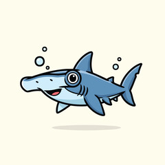 Obraz premium Cartoon-style illustration of a happy hammerhead shark swimming, with bubbles and a subtle shadow. The shark is light blue