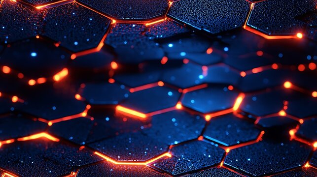 Abstract hexagonal grid with glowing neon lines, digital art background.