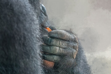 Gorilla hand holding carrot close up with misty background showing strength and dexterity with copy...