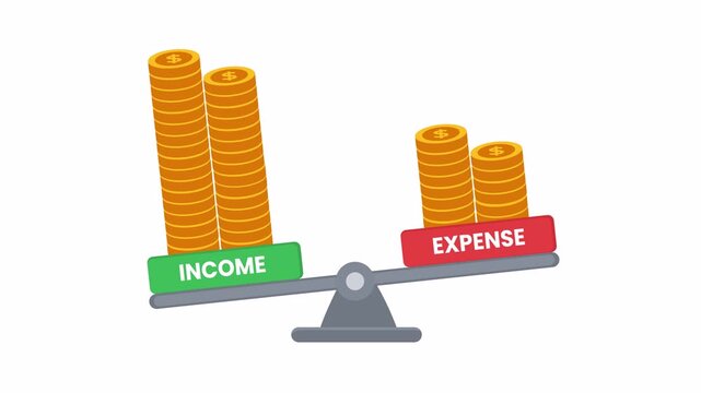 2D flat animation scale with higher income coins than expense, profit growth concept alpha channel.