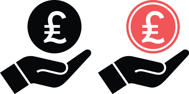 Hands, with British pound coins vector icon in modern style, representing money handling, finance, and currency transactions, clean modern flat design for banking, investment apps, websites, and user 