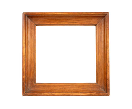 Square wooden picture frame with a natural brown oak grain finish is isolated on a white background.