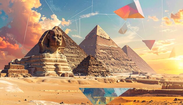 Ancient Egyptian pyramids and Sphinx at sunset