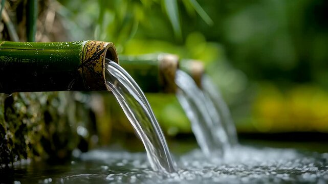 Clear Water Flowing From Bamboo Spout Into Small Pond Surrounded By Lush Green Foliage