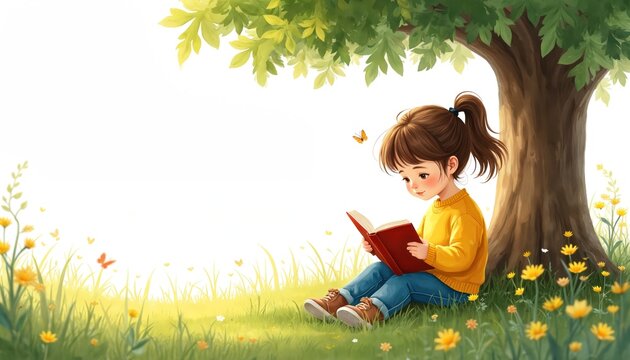 Cute girl sits under tree reading book, enjoying nature and imagination. Butterflies fly around green grass and yellow flowers. Outdoor leisure activity for young minds.