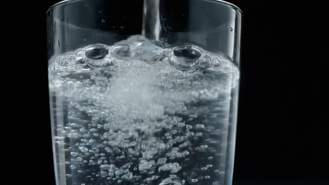 Glass of fizzy water with bubbles isolated on black background