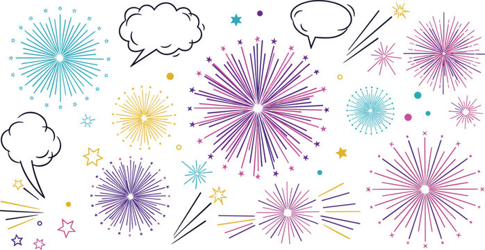 Colorful Fireworks Burst Vector Set with Speech Bubbles Stars and Celebration Elements Festive Explosion Shapes for Holiday Party Design Collection