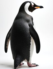 Obraz premium Chinstrap penguin stands on white background looking over shoulder. Flightless bird with black and white feathers and orange beak shows curiosity. Wildlife animal in studio.