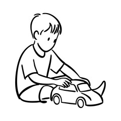 Dibujo sencillo con líneas de un niño jugando con un coche de juguete © teracreonte