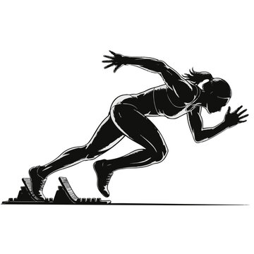 Female Sprinter Exploding from Starting Blocks Vector Illustration