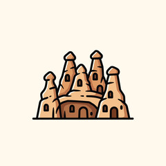 Obraz premium Illustration of several unique, cave-like structures in varying heights. Brown and beige hues with black outlines and details