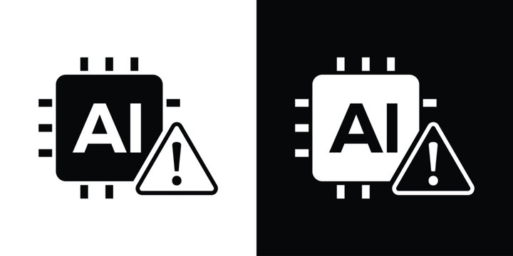 AI processor icon featuring a warning triangle. Symbolizes artificial intelligence ethics, AI errors, system security alerts, and potential risks in machine learning algorithms.
