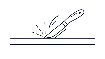 Obraz premium Outline illustration of a sharp knife blade cutting into a horizontal surface represents slicing, precision, or material testing.