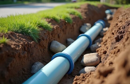 New drainage pipe laid in dirt trench. Blue plastic pipe system installed underground for water flow. Construction work completes home or garden utility lines.