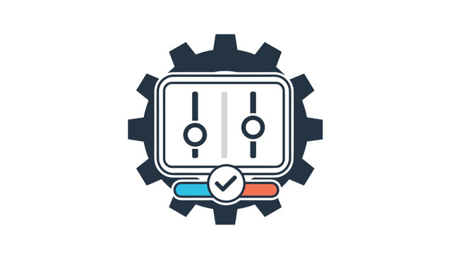 Settings gear icon containing two sliders and a checkmark represents system configuration, optimization, and successful setup.
